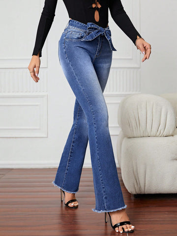 High Waist Belted Flare Leg Jeans