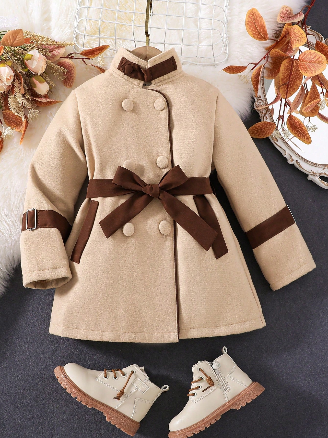 Young Girl Double Breasted Contrast Trim Self Belted Coat