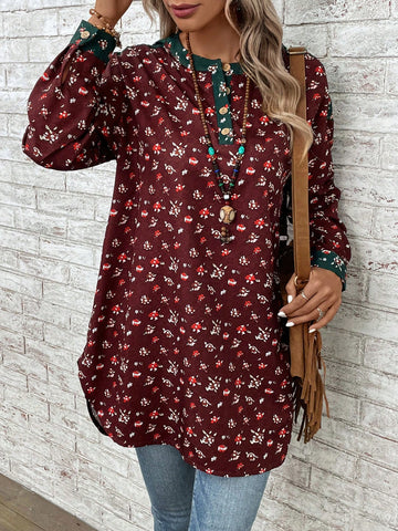 Ditsy Floral Print Contrast Trim Lantern Sleeve Blouse