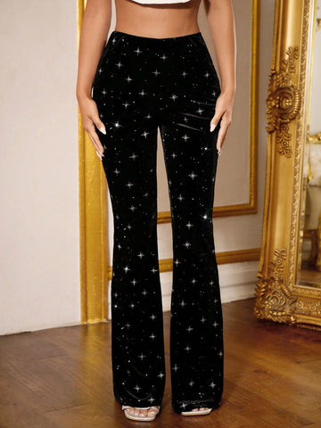 Star Pattern Velvet Flare Leg Pants