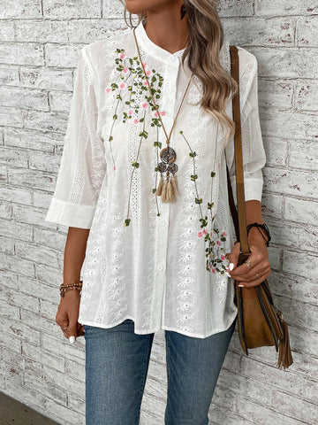 Floral Embroidery Button Front Blouse