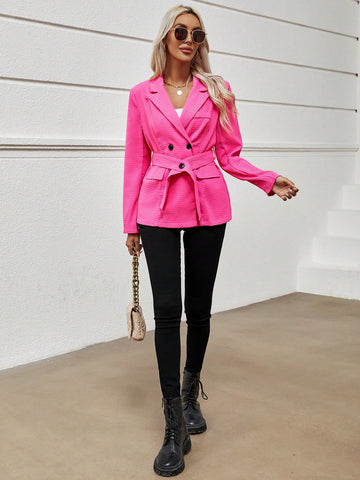 Lapel Neck Double Breasted Belted Blazer