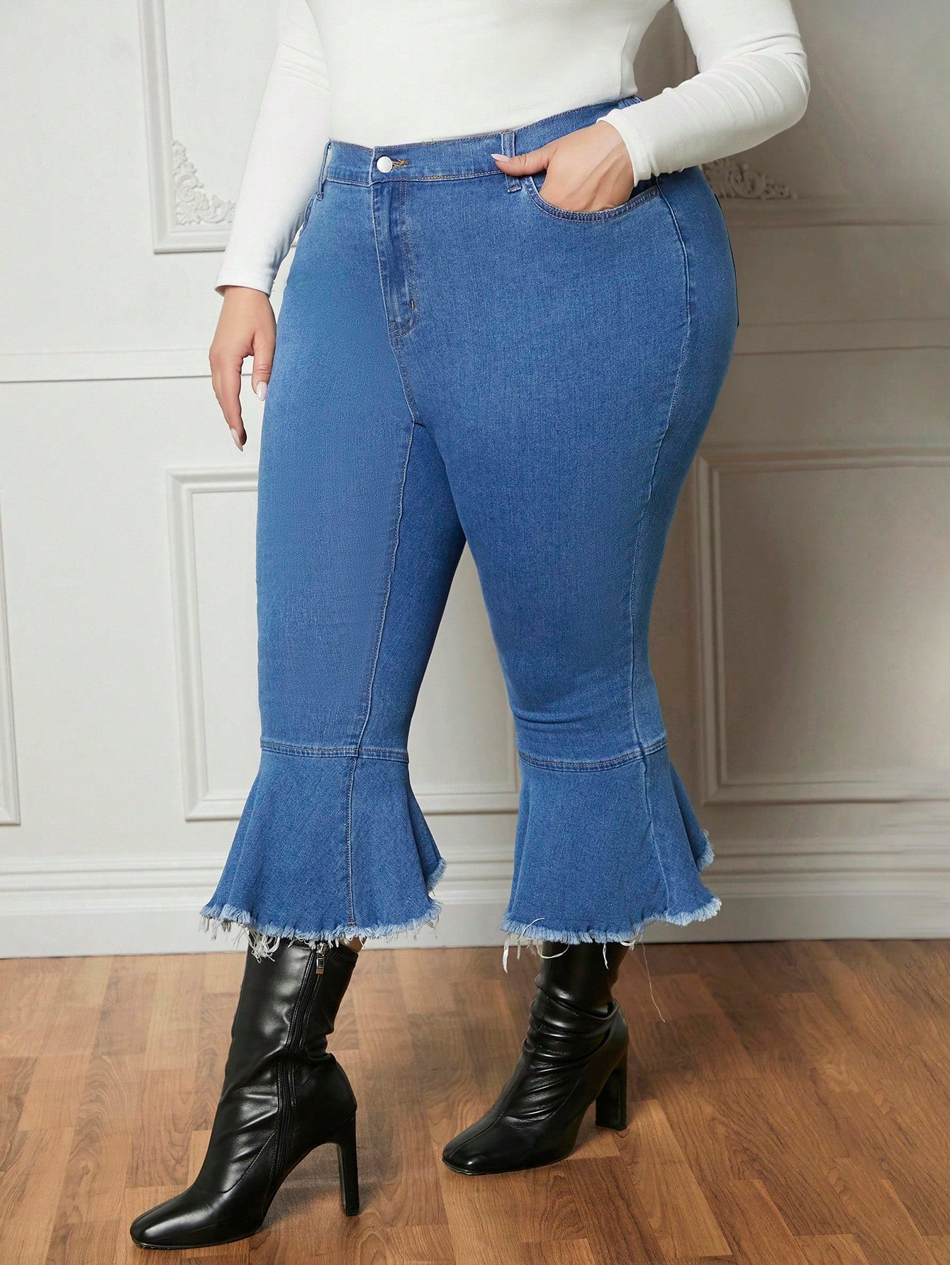 Plus High Waist Raw Hem Flare Leg Jeans