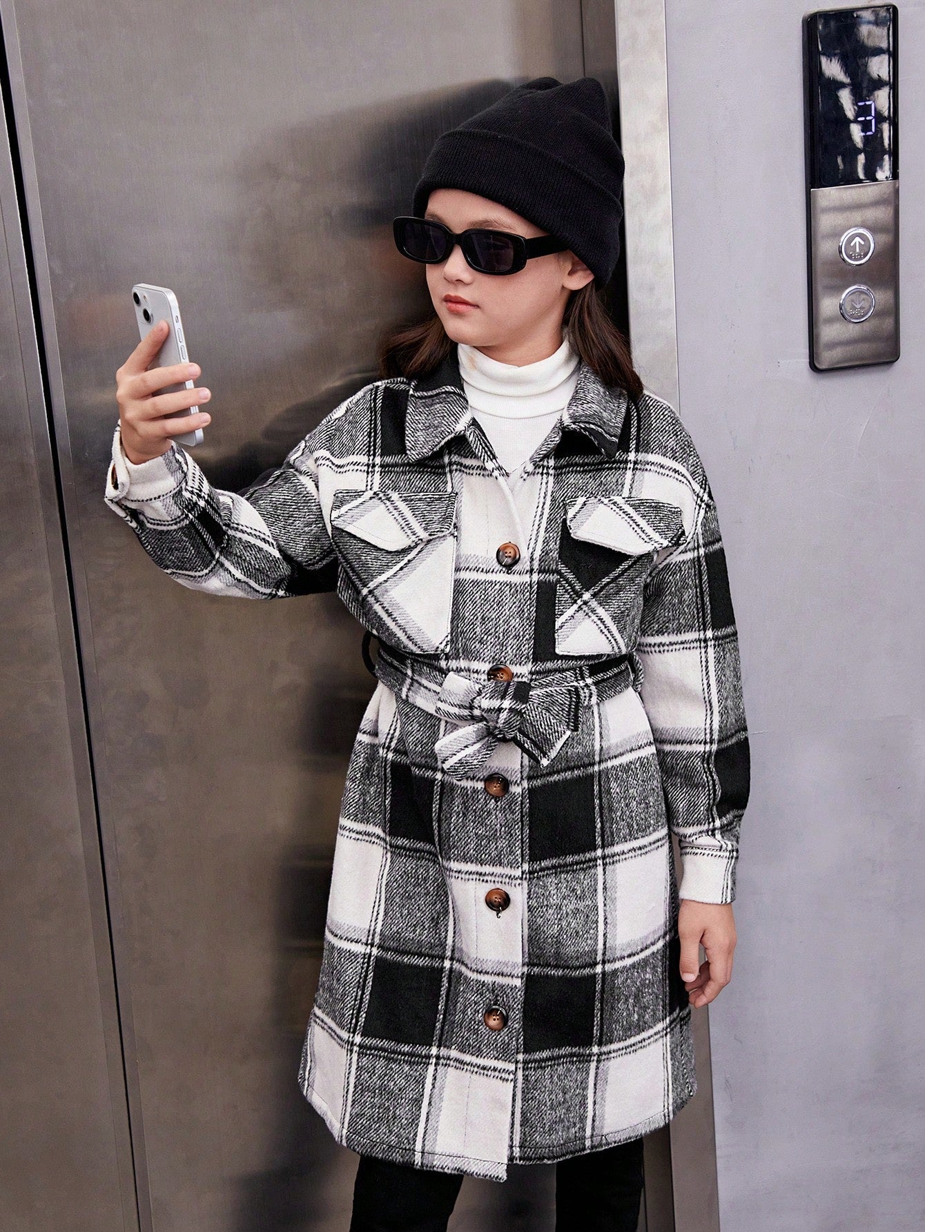 Tween Girl Plaid Print Drop Shoulder Flap Pocket Belted Overcoat