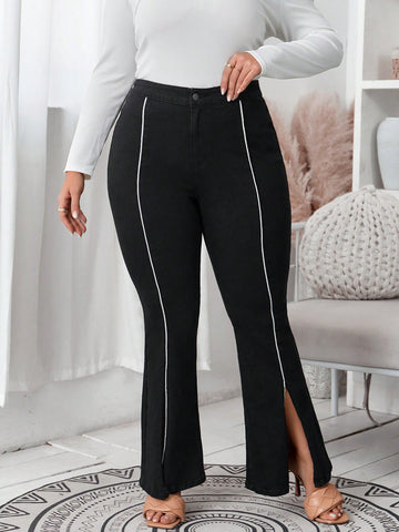 Plus Contrast Piping Split Hem Flare Leg Jeans