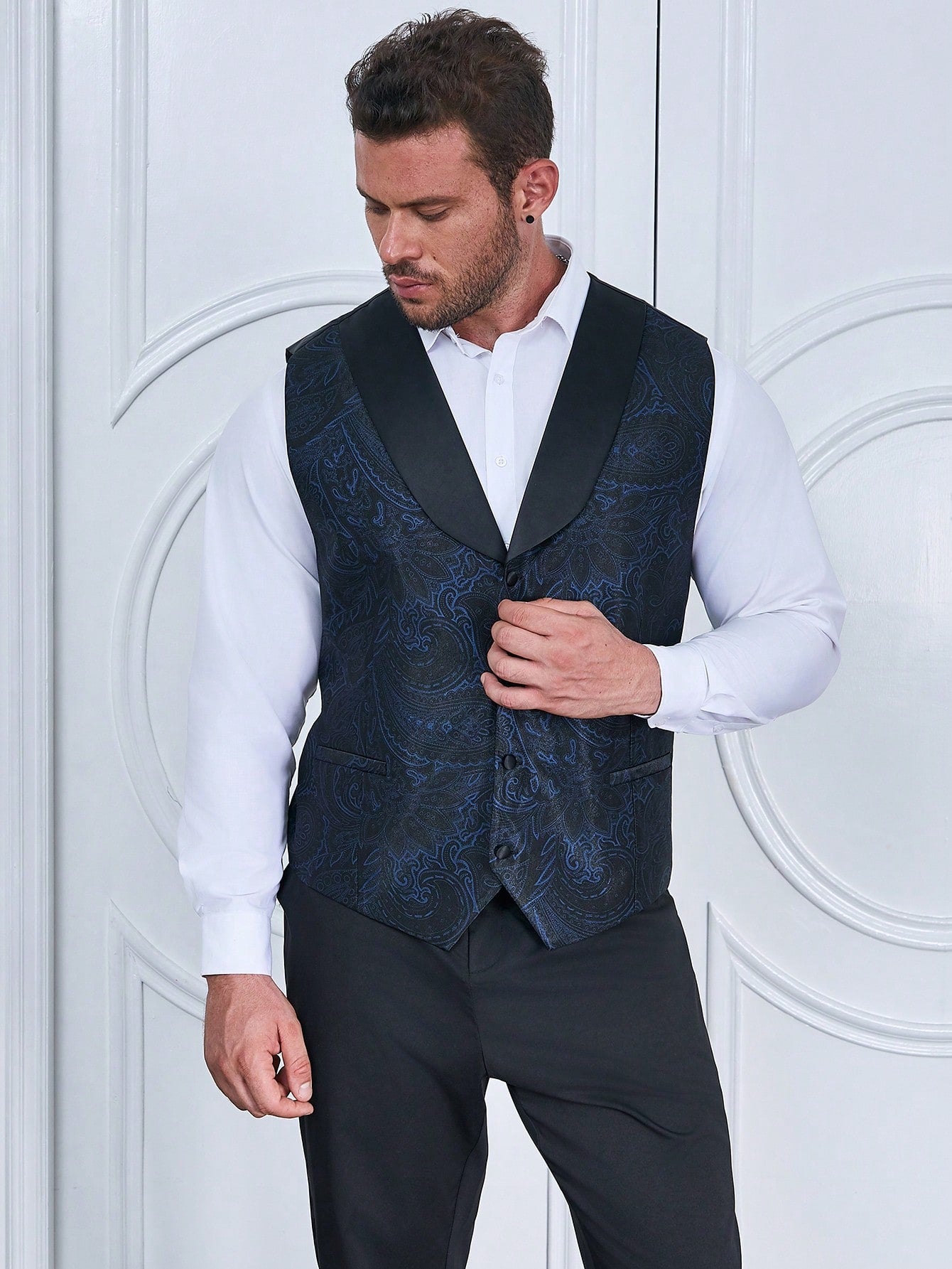 Men Plus Paisley Print Shawl Collar Waistcoat