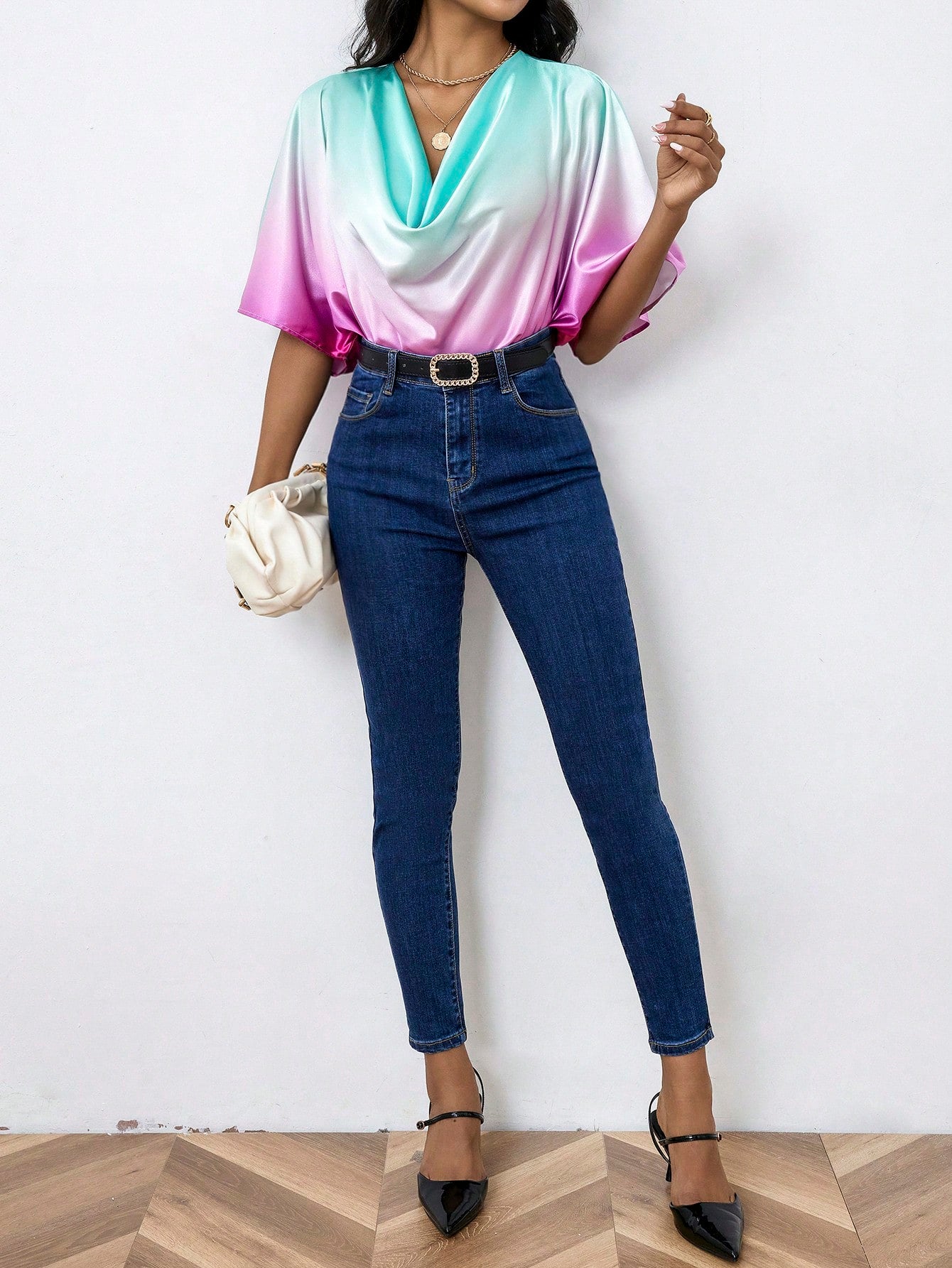 Ombre Draped Collar Dolman Sleeve Satin Blouse