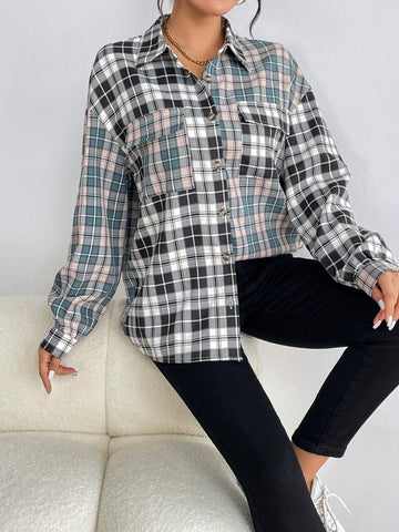 Plaid Print Drop Shoulder Flap Pocket Button Front Shirt