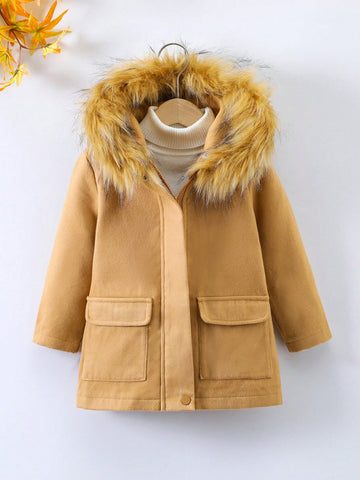 Young Boy Fuzzy Trim Hooded Flap Pocket Overcoat