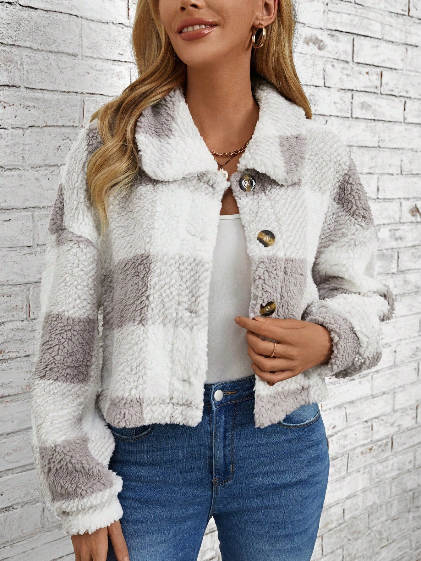 Buffalo Plaid Print Drop Shoulder Teddy Jacket