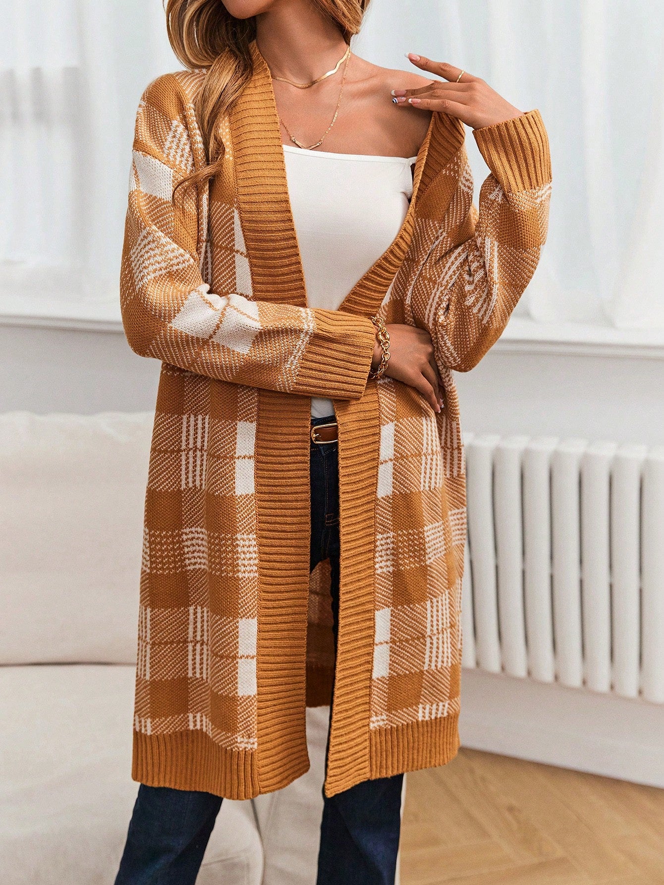 Plaid Pattern Drop Shoulder Cardigan