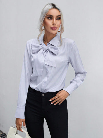 Houndstooth Jacquard Tie Neck Satin Shirt