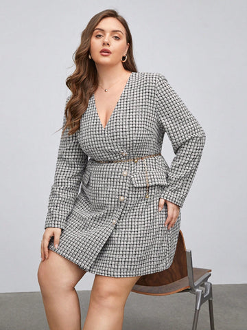 Plus Plaid Pattern Button Front Tweed Overcoat Without Belt