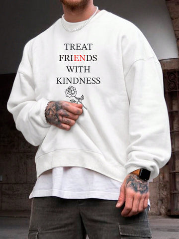 Loose Fit Men's Sweatshirt With Slogan, Floral Graphic And Drop Shoulder Design (Without T-Shirt)