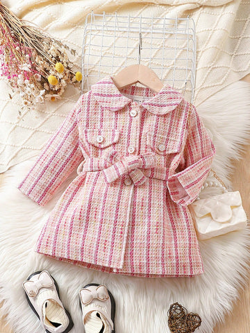 Baby Girl Flap Detail Belted Tweed Coat