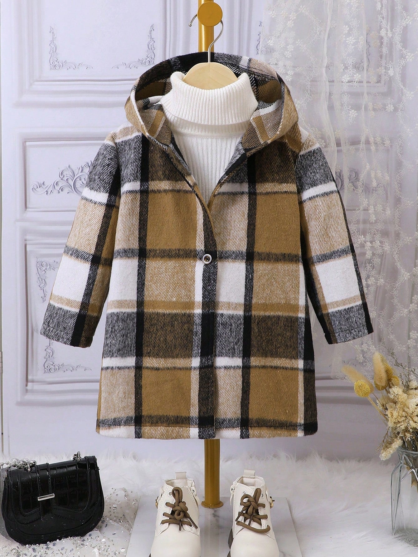 Young Girl 1pc Plaid Print Hooded Overcoat