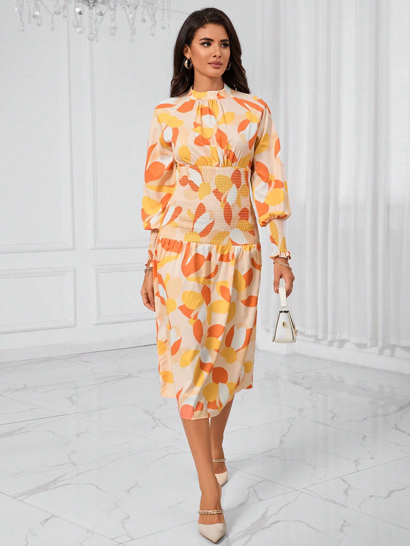 Allover Print Lantern Sleeve Dress