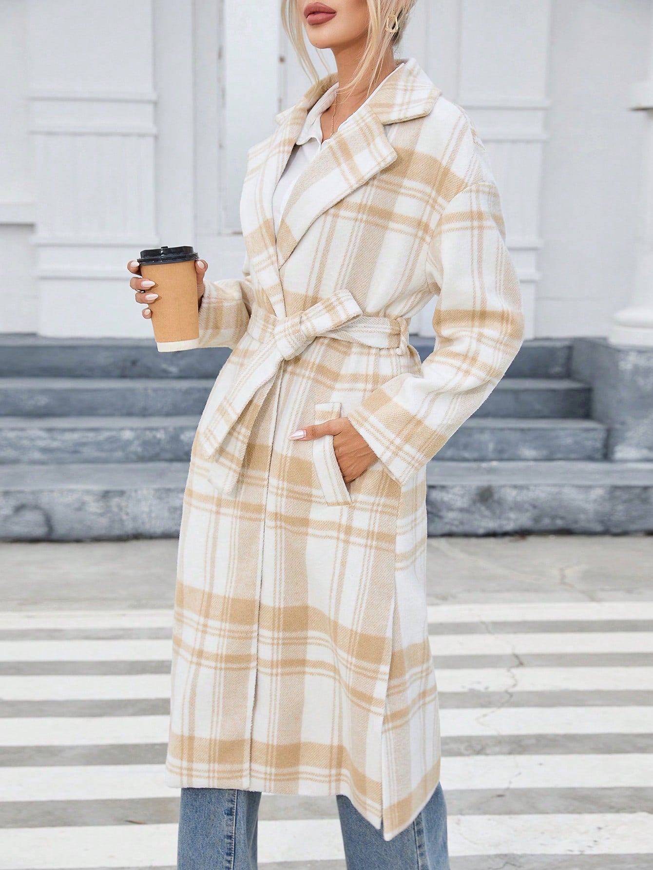 Plaid Print Drop Shoulder Belted Overcoat