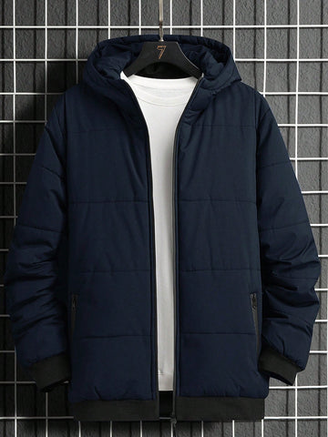 Loose-Fit Men's Zippered Hooded Puffer Coat Without T-Shirt