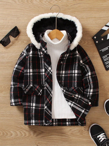 Young Boy 1pc Plaid Flap Detail Fuzzy Trim Hooded Overcoat