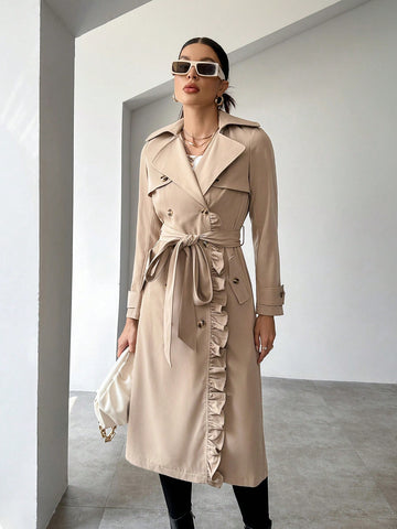 Lapel Neck Ruffle Trim Belted Trench Coat