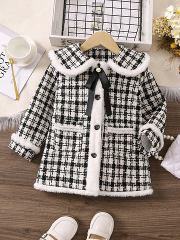 Young Girl Plaid Pattern Bow Front Sailor Collar Tweed Overcoat