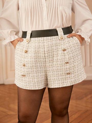 Plus Plaid Pattern Double Breasted Tweed Shorts