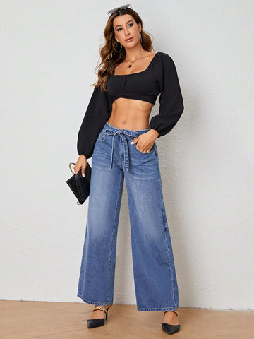 Wide Leg Belted Jeans