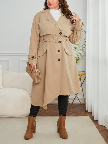 Plus Double Breasted Asymmetrical Hem Belted Trench Coat