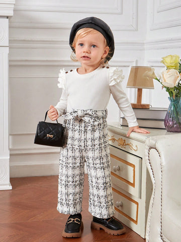 Baby Girl Plaid Print Ruffle Trim Belted Jumpsuit