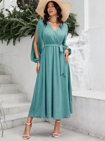 Lantern Sleeve Belted Wrap Dress