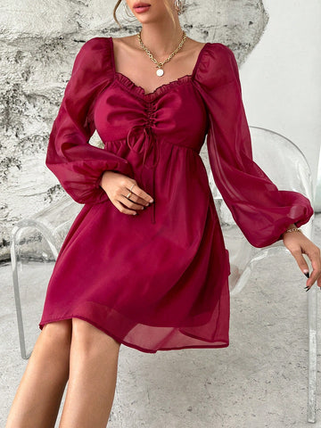 Sweetheart Neck Drawstring Front Lantern Sleeve Dress