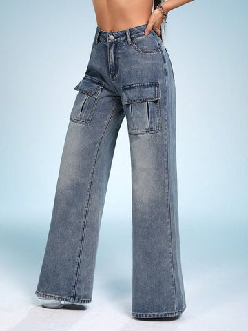 Flap Pocket Wide Leg Jeans