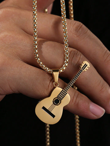 1pc Guitar & Bass Music Element Shiny Personality European & American Punk Holiday Casual Street Fashion Party Dating Men's Copper Pendant Necklace