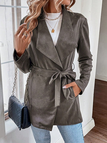 Waterfall Collar Belted Suedette Coat