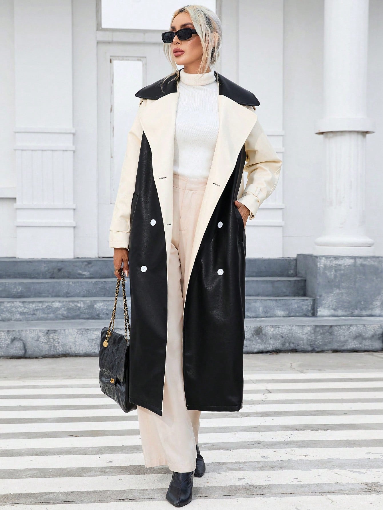 Two Tone Double Breasted Belted Trench Coat