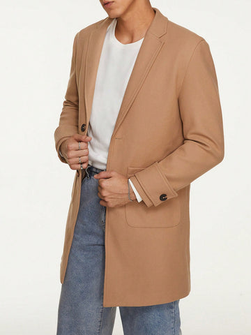 Men Lapel Neck Flap Pocket Button Front Overcoat