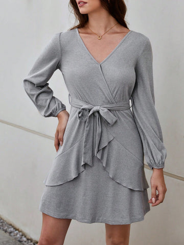 Lantern Sleeve Ruffle Trim Belted Dress