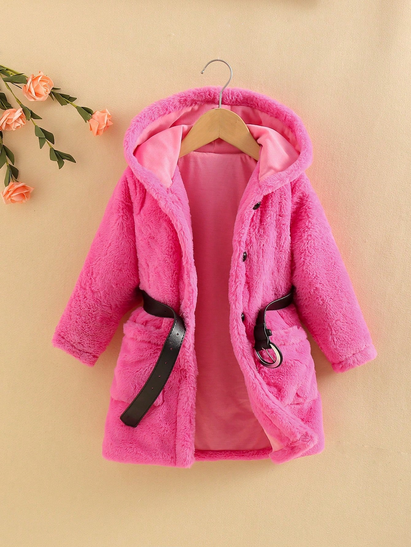 Young Girl Dual Pocket Hooded Belted Fluffy Coat