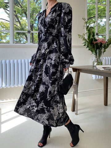 Allover Floral Print Lantern Sleeve Tie Back Dress