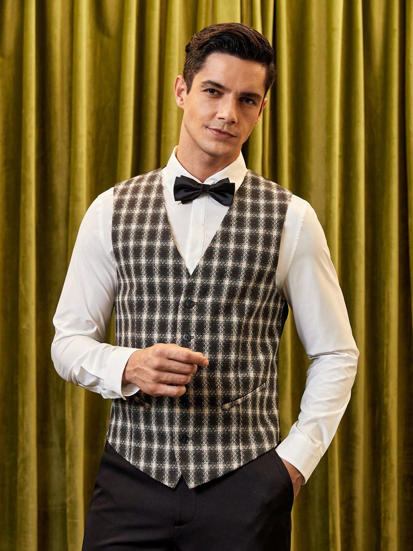 Men Plaid Print Waistcoat Without Shirt