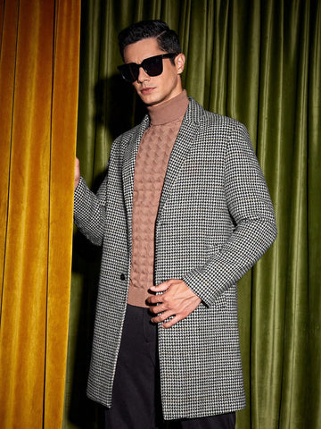 Men Houndstooth Print Shawl Collar Tweed Overcoat