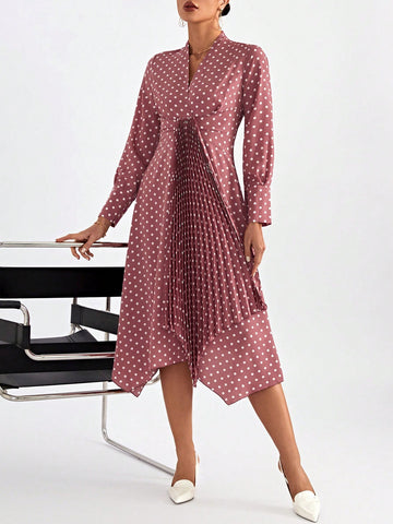 Polka Dot Print Asymmetrical Hem Belted Dress