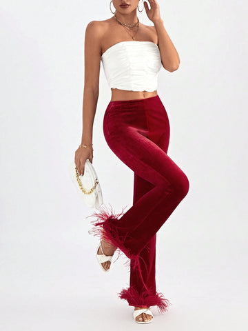 Fuzzy Hem Velvet Flare Leg Pants