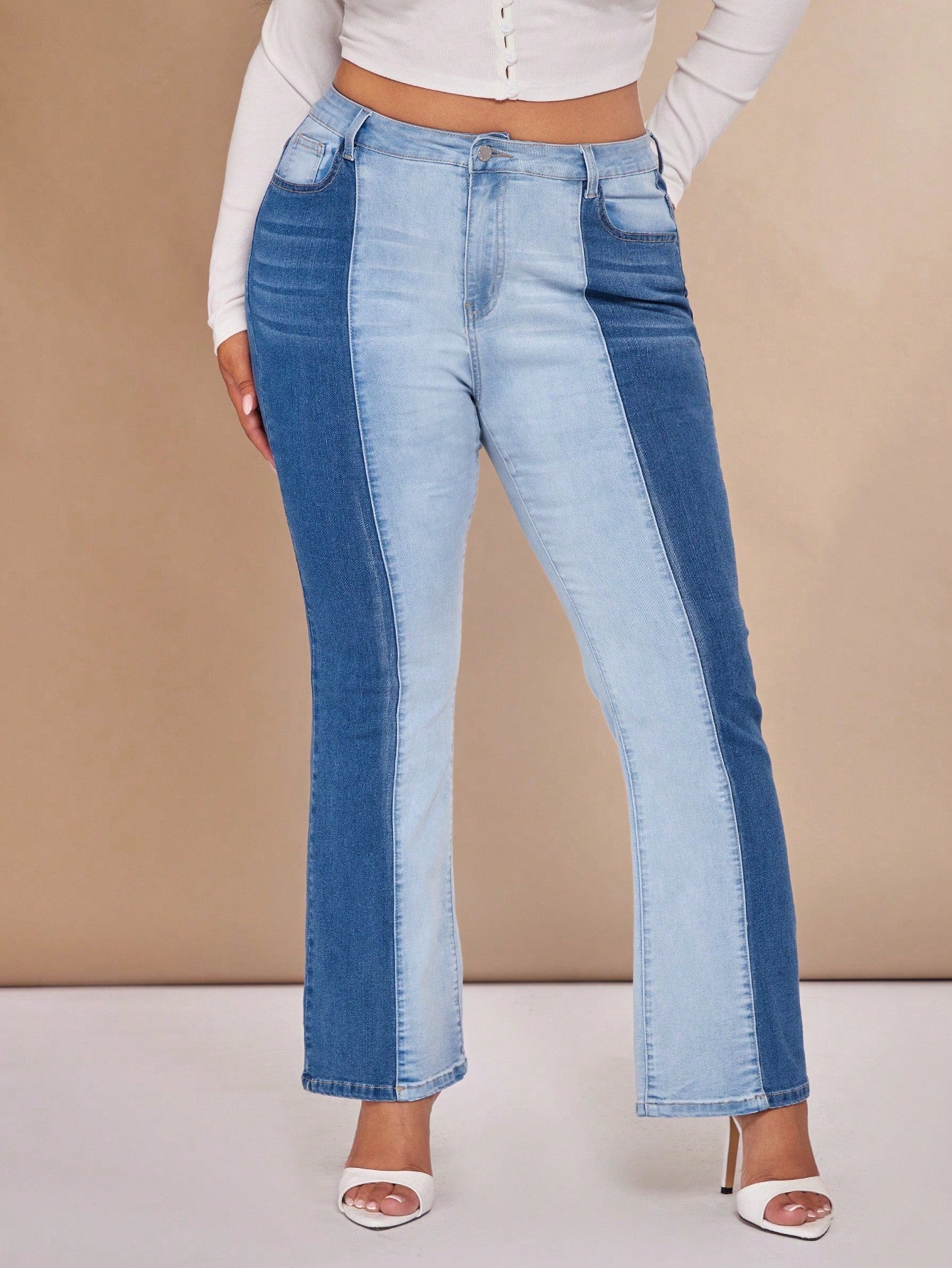 Plus High Waist Two Tone Flare Leg Jeans