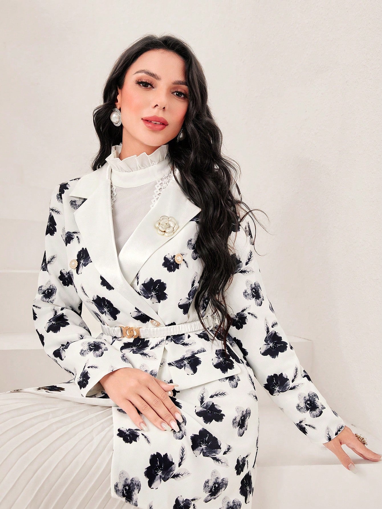 Floral Print Lapel Neck Belted Longline Blazer