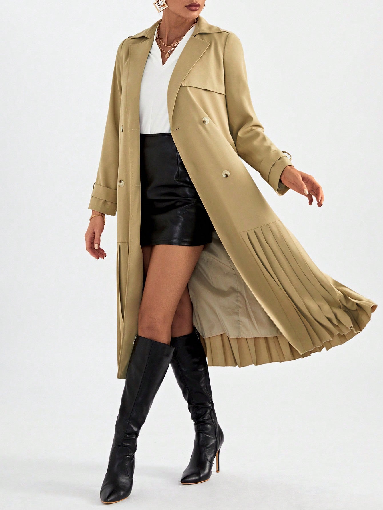 Double Breasted Pleated Hem Belted Trench Coat