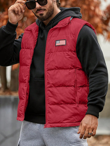 Loose Fit Men's Puffer Coat With Flag Patched Detail And Zipper Vest