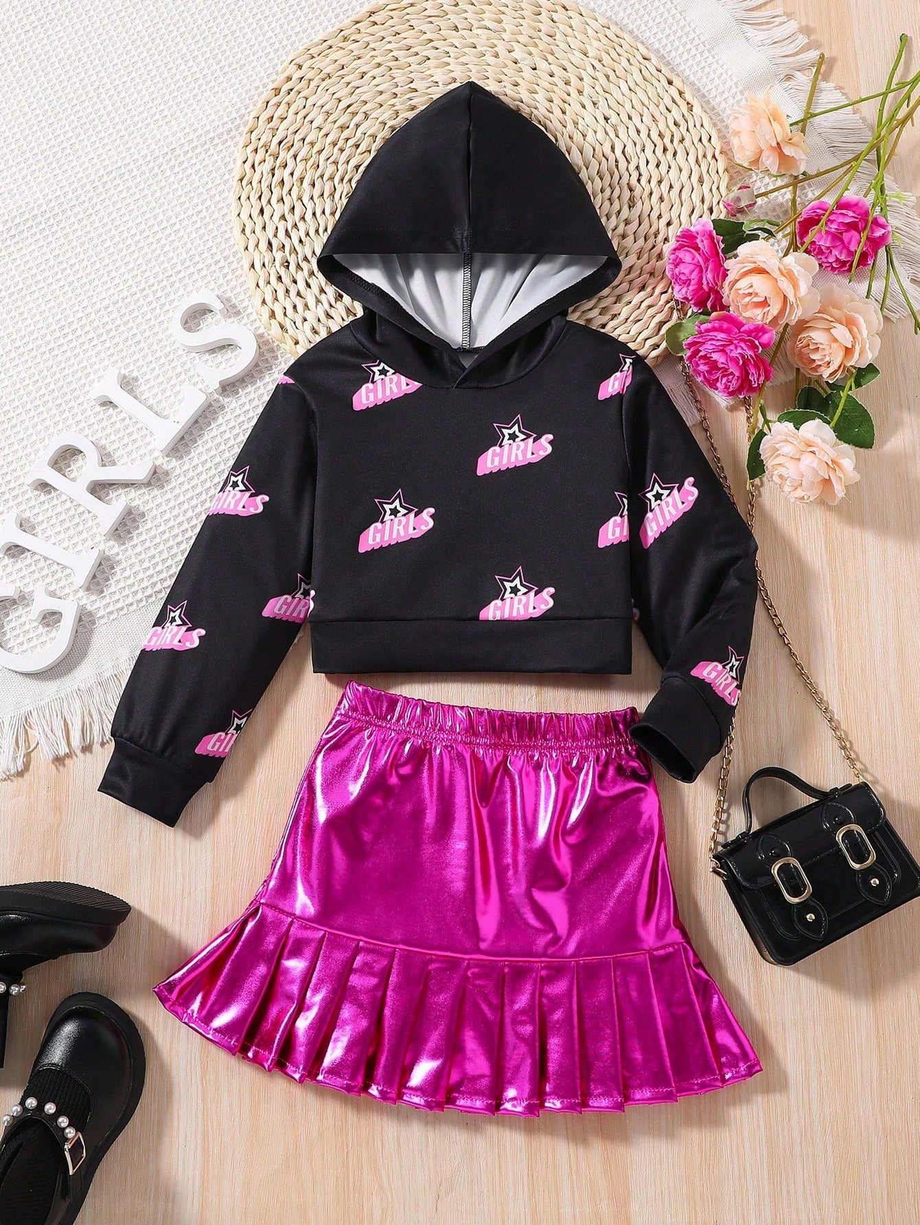 Young Girl Letter & Star Print Hoodie & Ruffle Hem Skirt