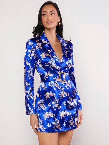 Floral Print Lapel Neck Belted Satin Coat